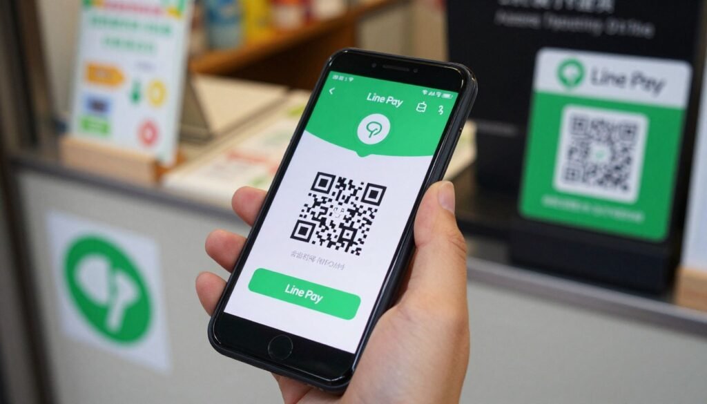 Smartphone showing Line Pay app interface with QR code payment screen at Taiwan merchant Smartphone showing Line Pay app interface with QR code payment screen at Taiwan merchant