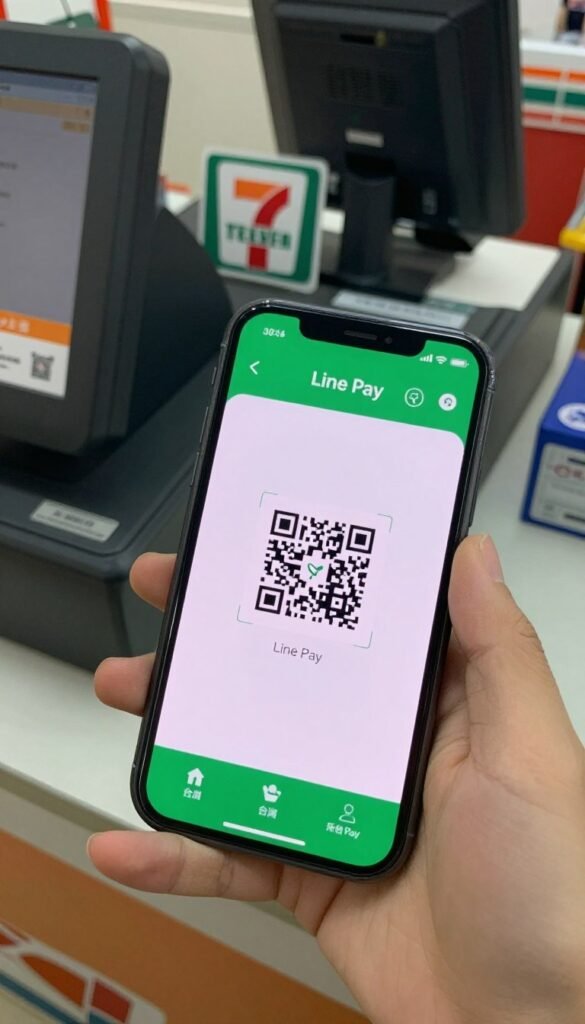 Smartphone showing Line Pay mobile payment app interface at Taiwan convenience store Smartphone showing Line Pay mobile payment app interface at Taiwan convenience store