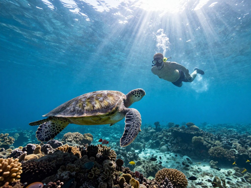 Snorkeler swimming with green sea turtle in clear shallow water over coral reef