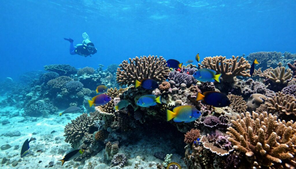 Snorkeling at Blue Lagoon with tropical fish and coral