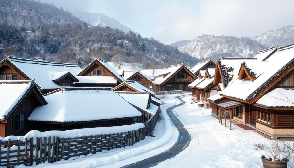 Snow-covered traditional gassho-zukuri farmhouses in Shirakawa-go village, Japan