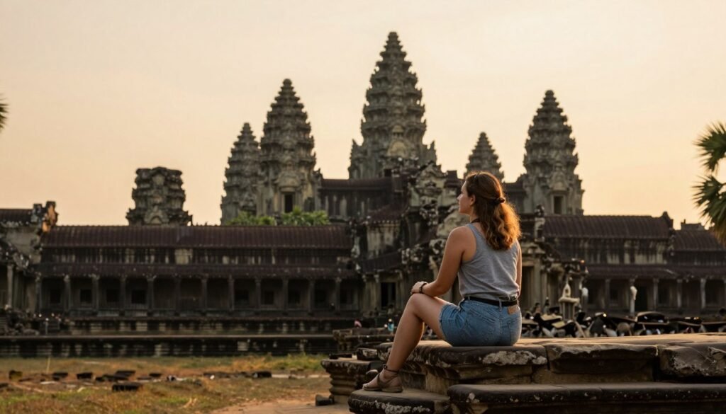 Solo traveler contemplating Angkor Wat temple at sunset