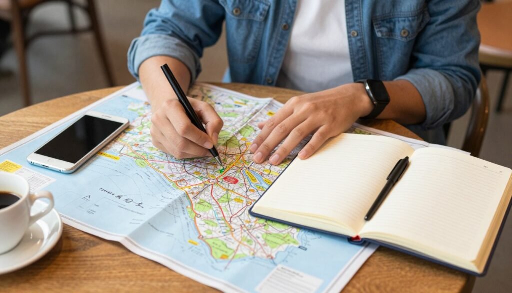 Solo traveler reviewing map and planning itinerary