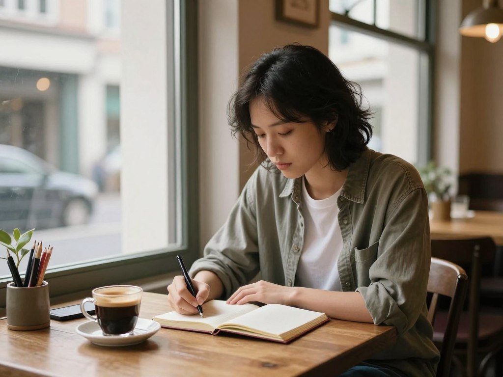Solo traveler sitting in cafe writing travel journal