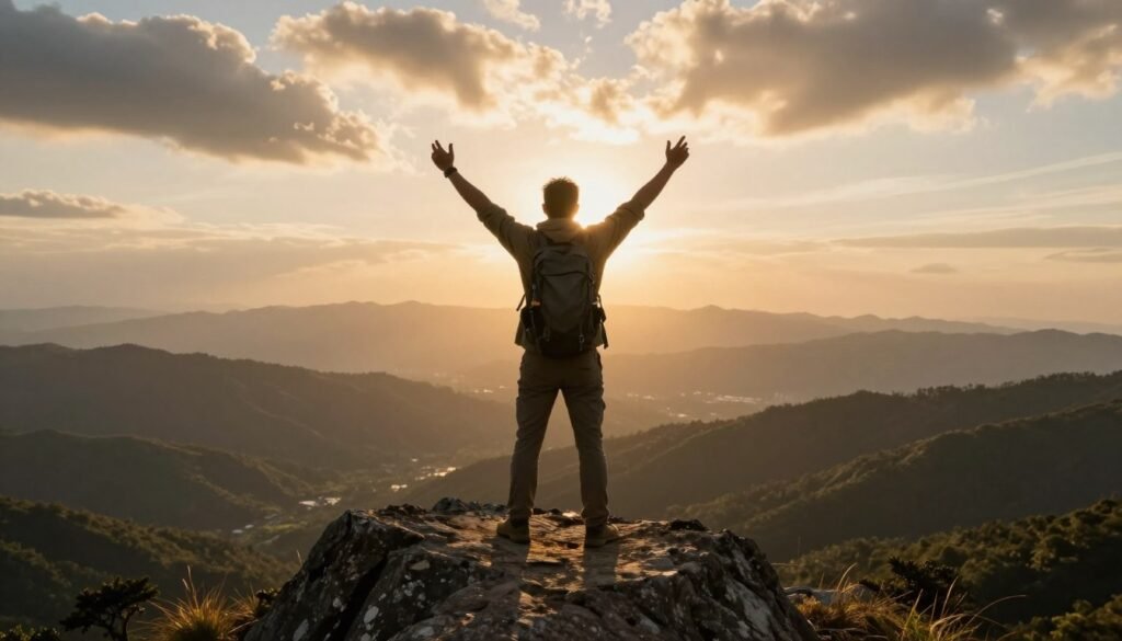 Solo traveler standing on mountain peak arms raised in triumph