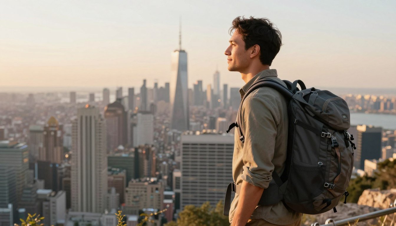 Solo traveller with backpack overlooking city skyline at sunset