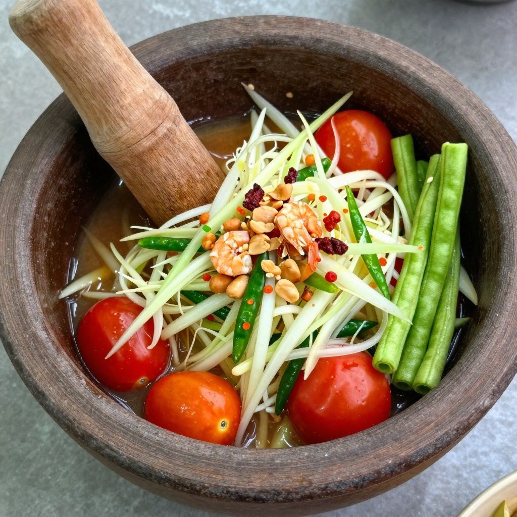 Som tam green papaya salad in a mortar with tomatoes, long beans, peanuts, and lime showing spicy Bangkok street food
