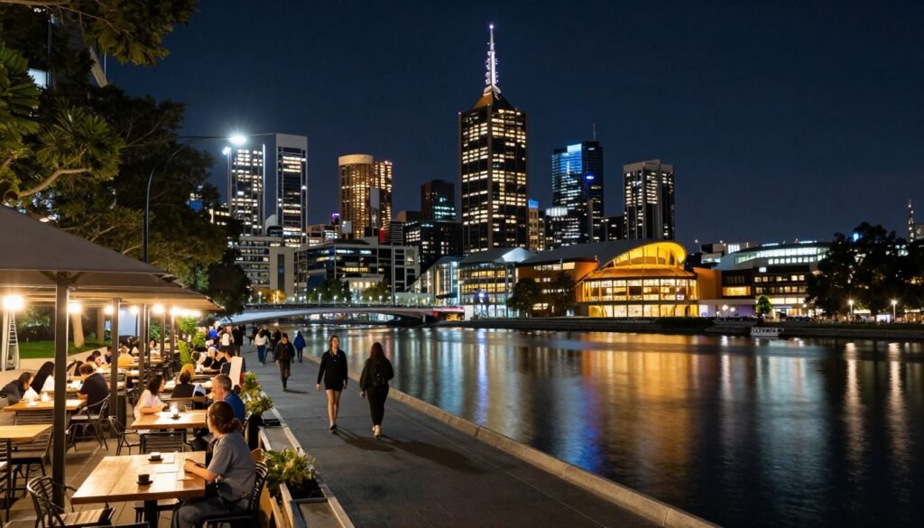 Southbank promenade along Yarra River at night