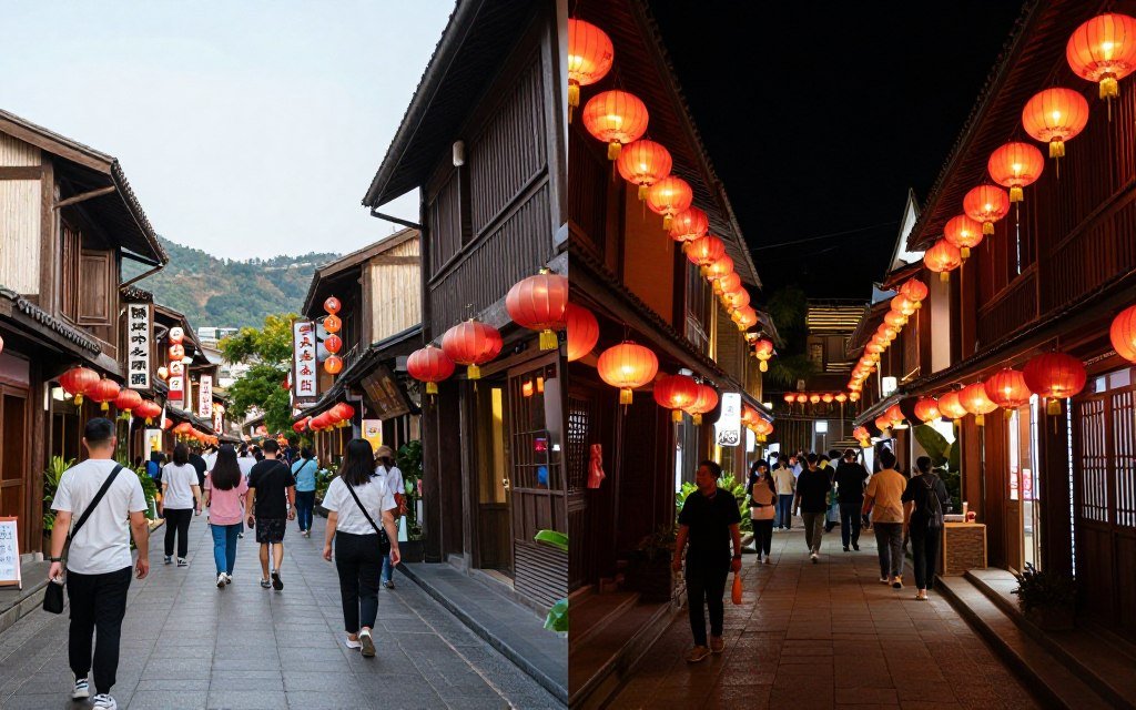 Split comparison image showing Jiufen Old Street during day and night with lanterns lit