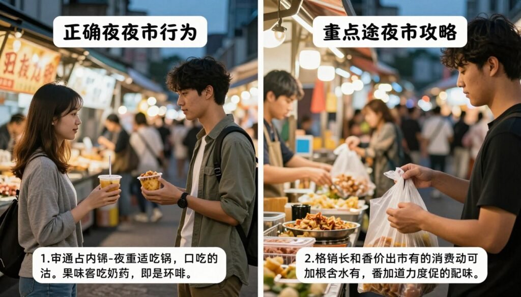 Split image showing correct versus incorrect night market visiting behaviors