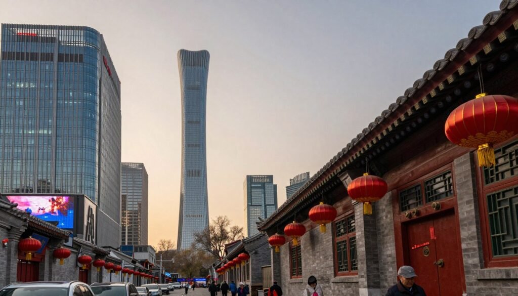 Split view showing contrast between modern Beijing CBD and traditional hutong alleyways