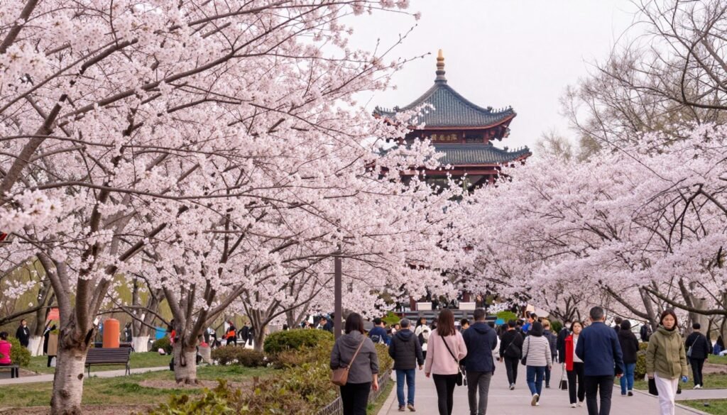 Spring cherry blossoms in Beijing park with traditional architecture Spring cherry blossoms in Beijing park with traditional architecture