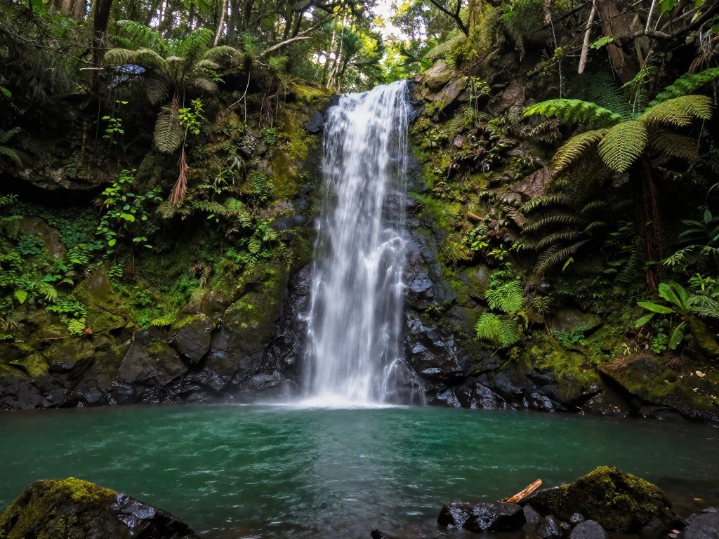Springbrook National Park waterfall cascading into pool surrounded by rainforest
