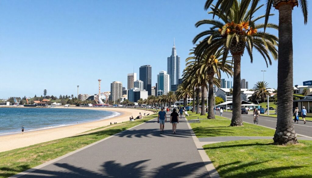 St Kilda Esplanade with palm trees and beach