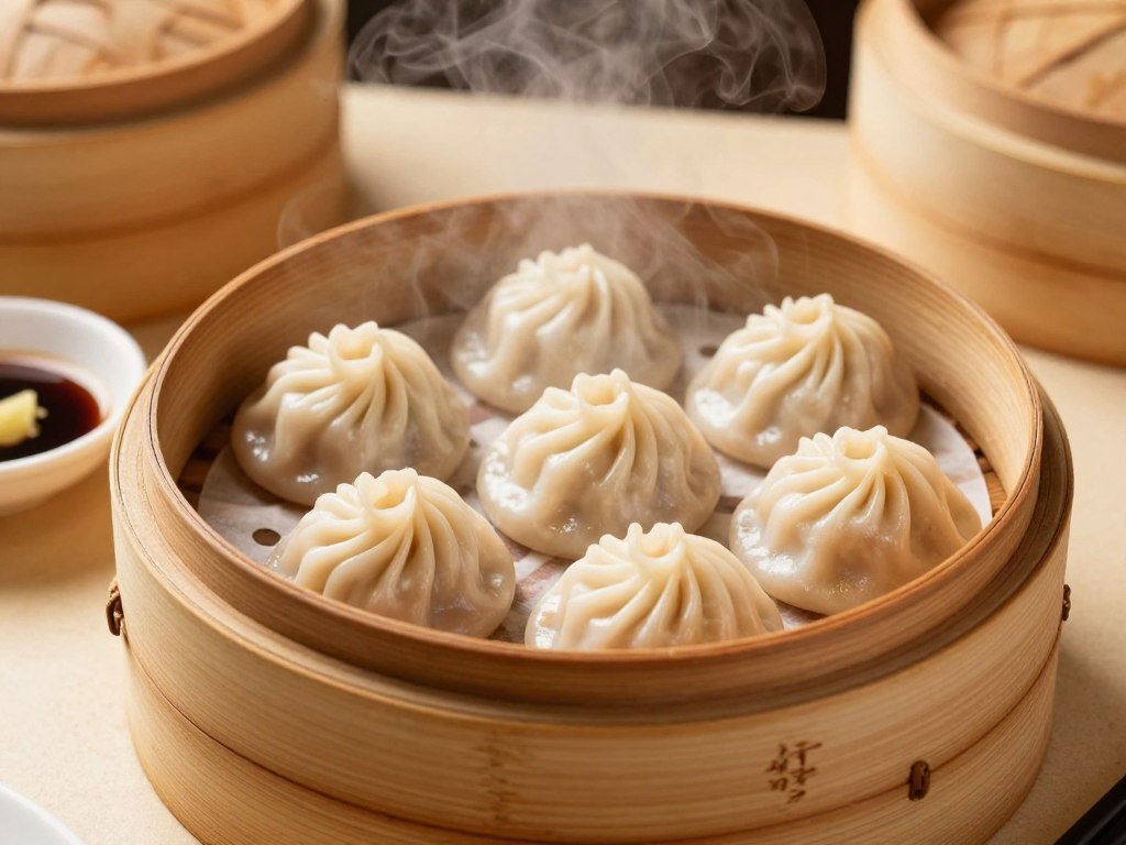 Steaming bamboo basket of soup dumplings at Din Tai Fung restaurant Steaming bamboo basket of soup dumplings at Din Tai Fung restaurant