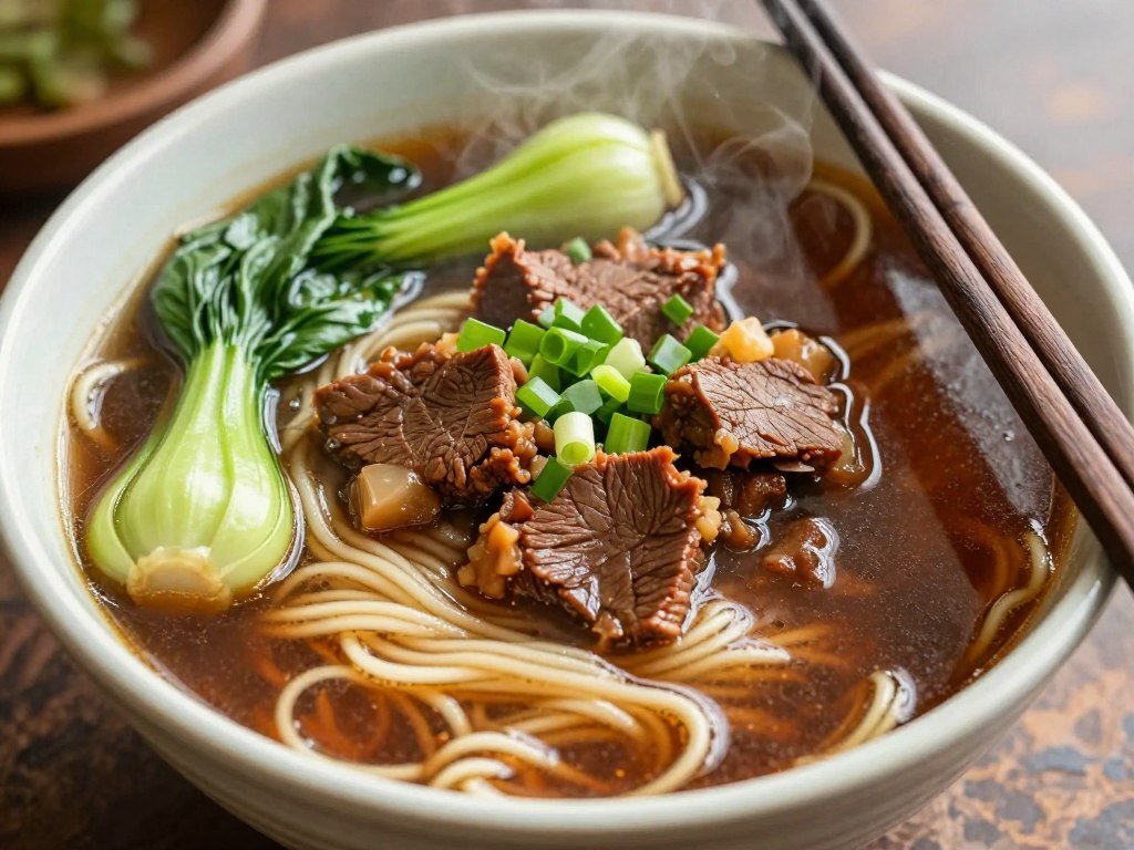 Steaming bowl of Taiwanese beef noodle soup with chopsticks Steaming bowl of Taiwanese beef noodle soup with chopsticks