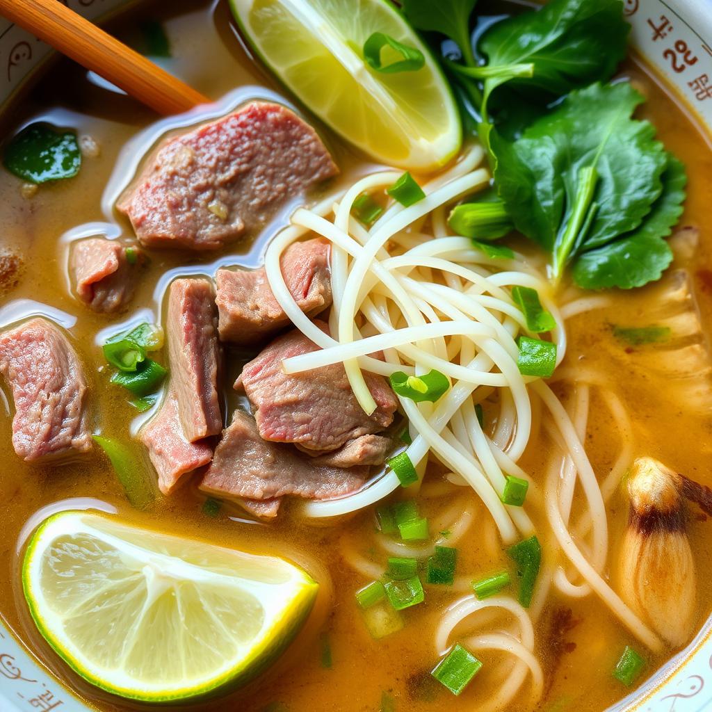 Steaming bowl of pho with fresh herbs and lime - Vietnam Travel Guide