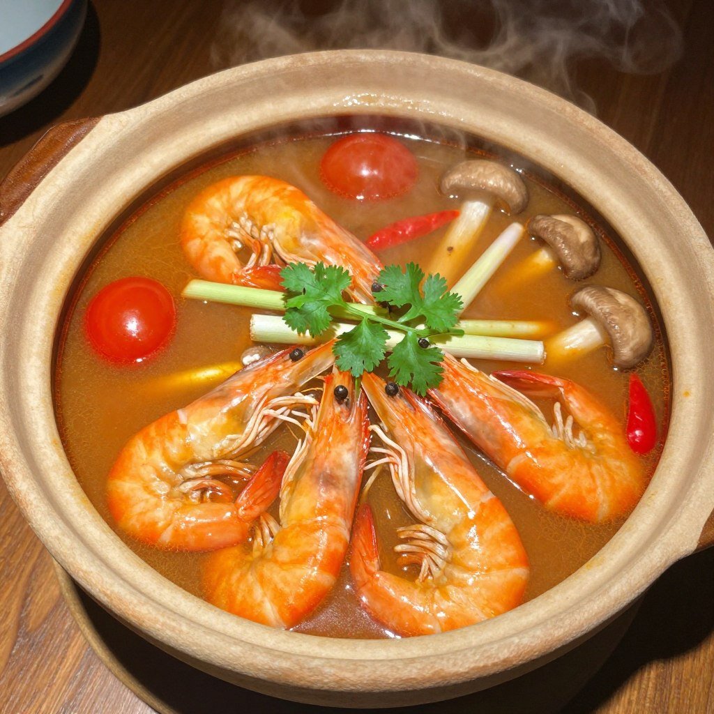 Steaming bowl of tom yum goong soup with prawns and herbs