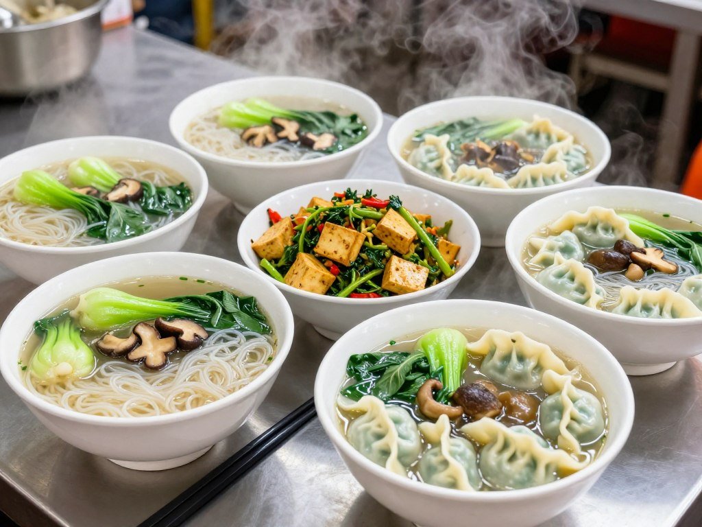 Steaming bowls of vegetarian noodle soup and stir-fried vegetables at Taiwan night market food stall with visible ingredients