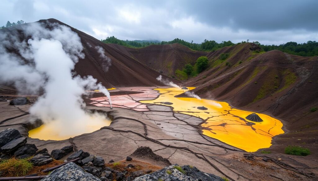 Steaming fumaroles and volcanic landscape in Yangmingshan National Park