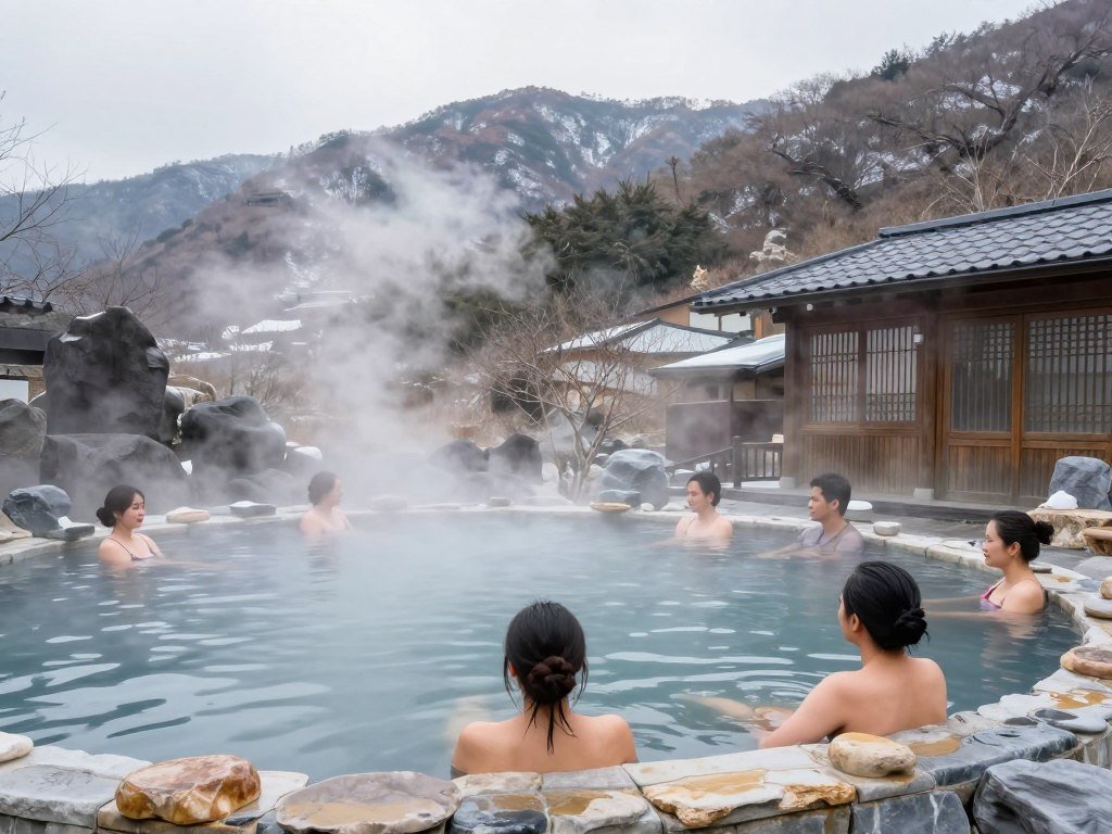 Steaming outdoor hot spring bath in Beitou during winter Steaming outdoor hot spring bath in Beitou during winter