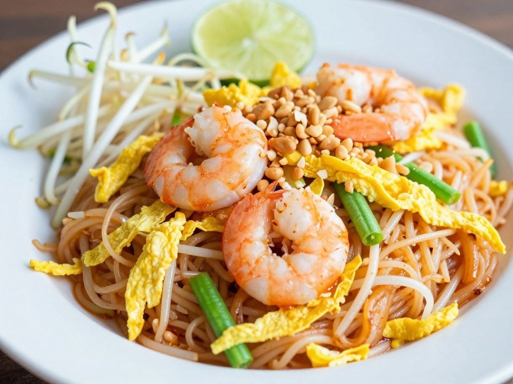 Steaming plate of pad thai with shrimp, bean sprouts, lime wedge and crushed peanuts showing popular street food in Bangkok