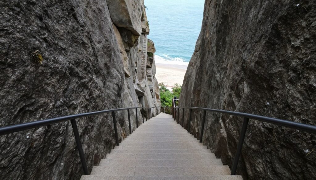 Steep stairway descending to Atuh Beach