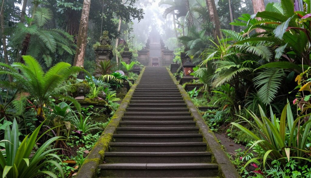 Stone steps ascending through forest to upper Lempuyang temples
