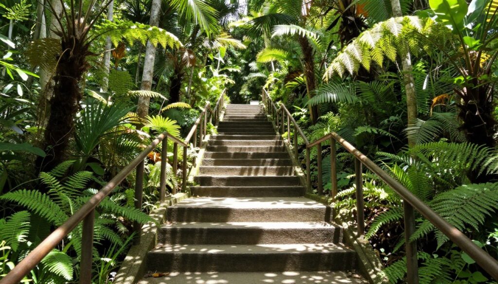 Stone steps descending through jungle to Banyumala waterfall