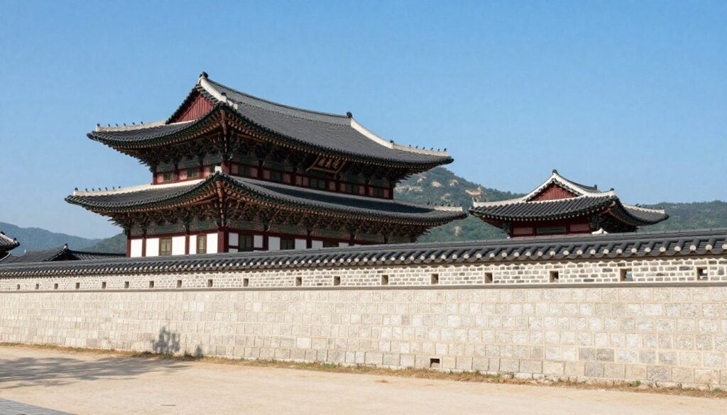 Stone walls and pavilion of Suwon Hwaseong Fortress with traditional architecture
