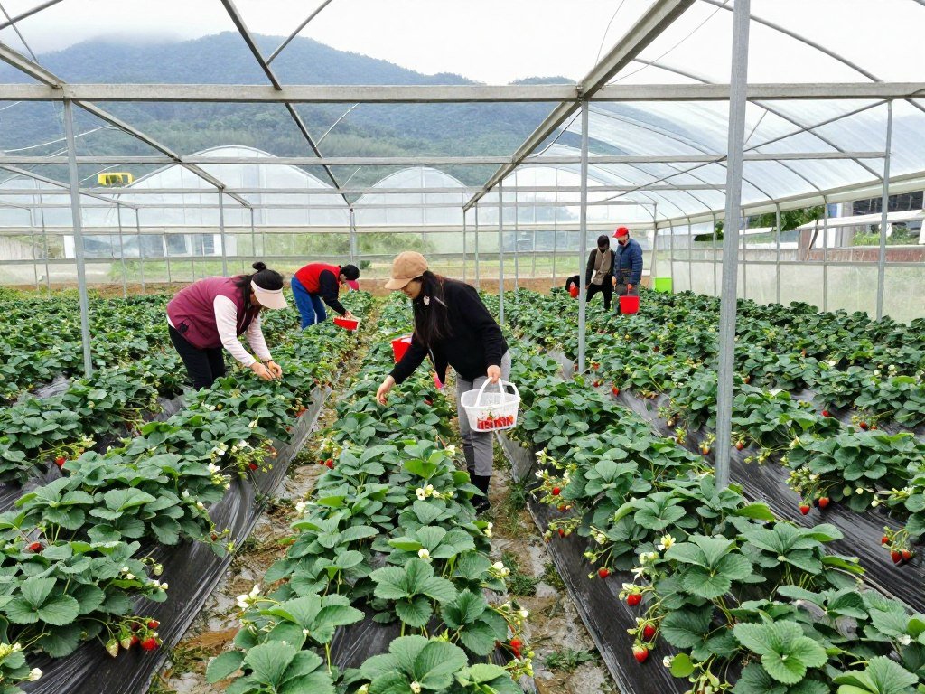 Strawberry farm in Ciwidey with rows of plants and visitors picking