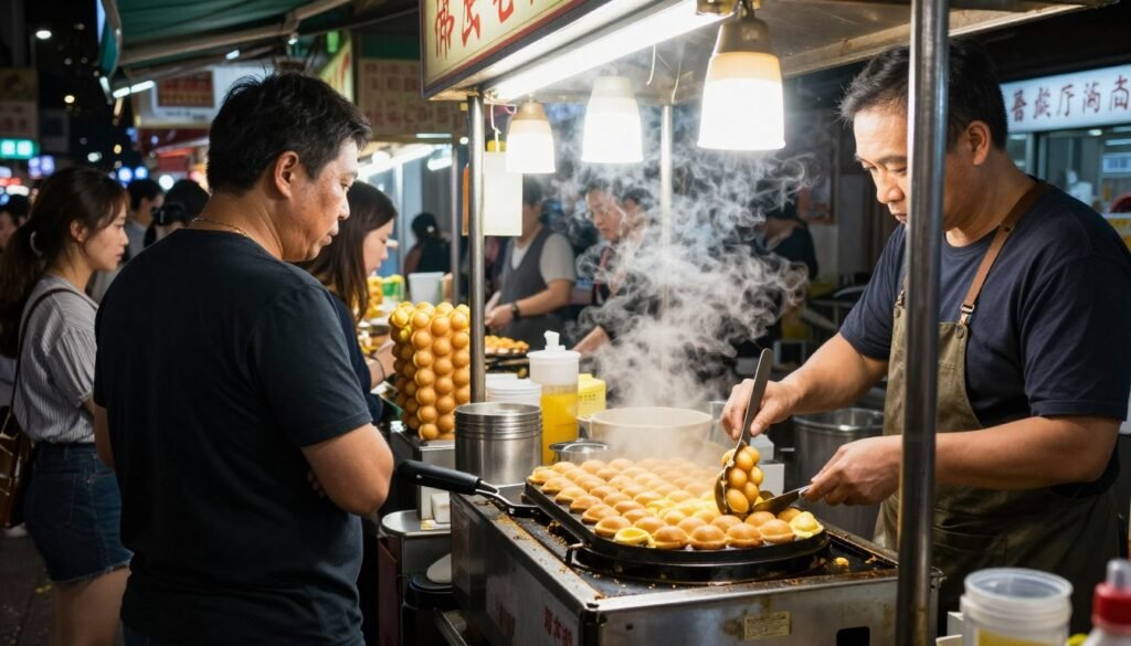 Street food stall in Hong Kong serving egg waffles and local snacks