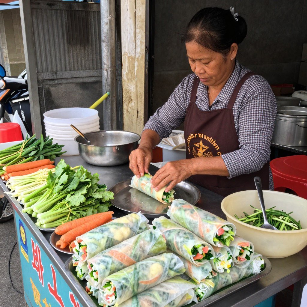 Street food vendor preparing fresh Vietnamese spring rolls in Mui Ne