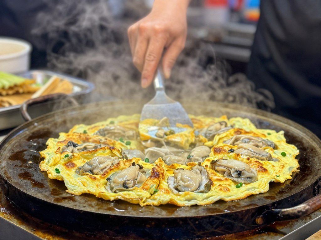 Street food vendor preparing fresh oyster omelet at Shilin Night Market Street food vendor preparing fresh oyster omelet at Shilin Night Market