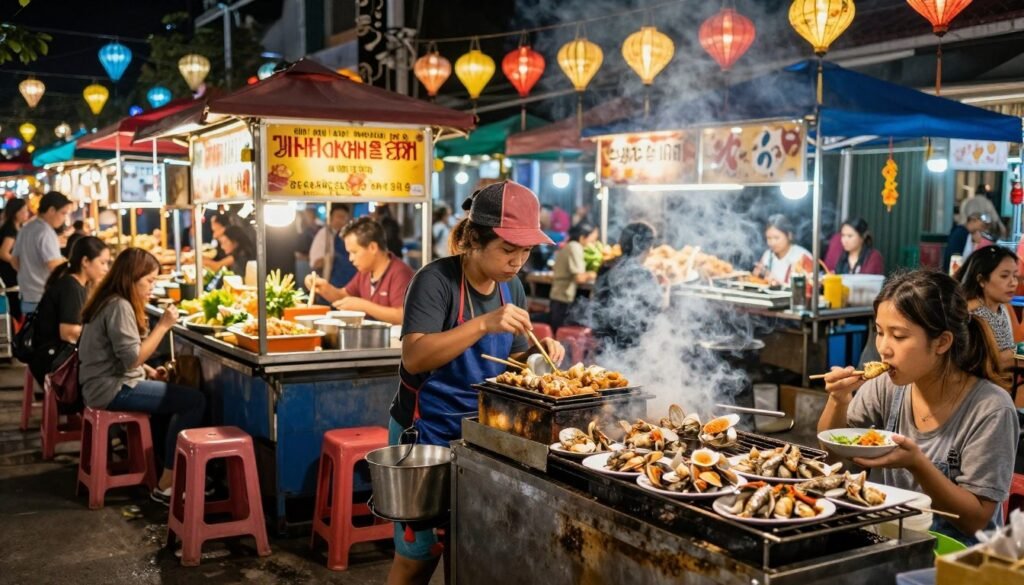 Street food vendors at Danang night market with grilled seafood and local dishes