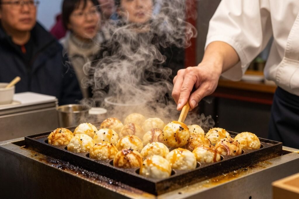 Street food vendors preparing takoyaki in Dotonbori district