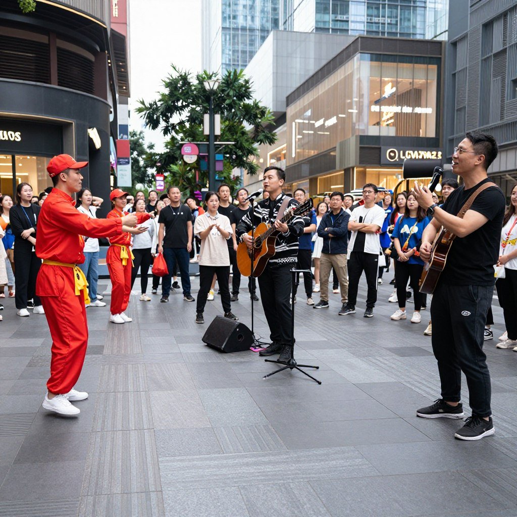 Street performers and entertainment on Chunxi Road