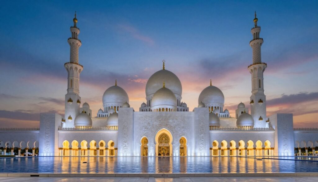 Stunning Sheikh Zayed Grand Mosque with white marble and reflective pools Stunning Sheikh Zayed Grand Mosque with white marble and reflective pools