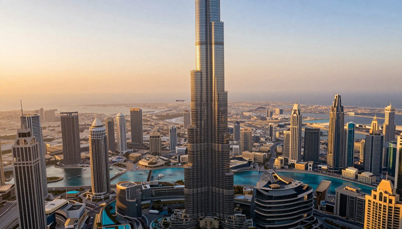 Stunning aerial view of Dubai skyline featuring Burj Khalifa and modern architecture at sunset
