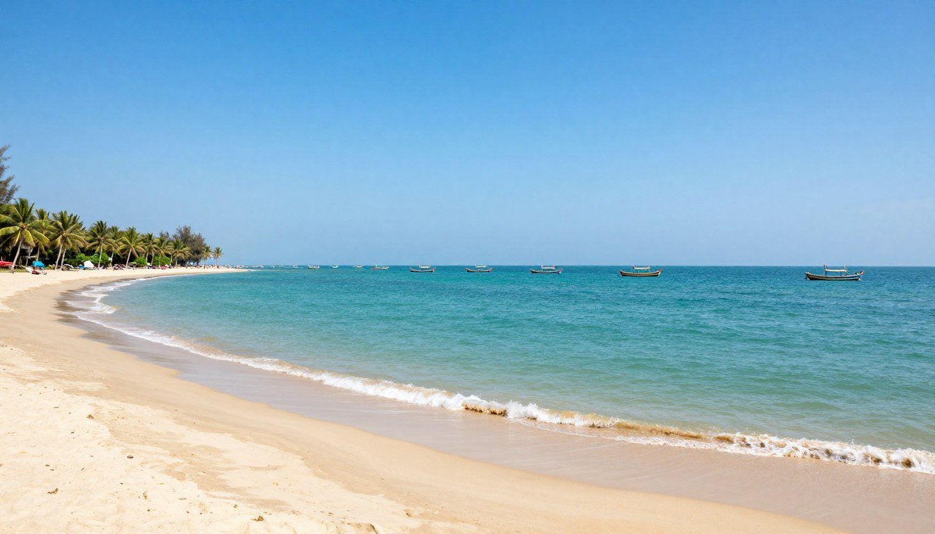 Stunning panoramic view of Mui Ne beach with turquoise waters and palm trees