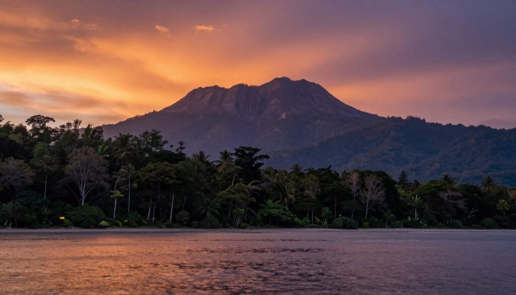 Stunning sunset over Sabah landscape with mountains, rainforest, and ocean