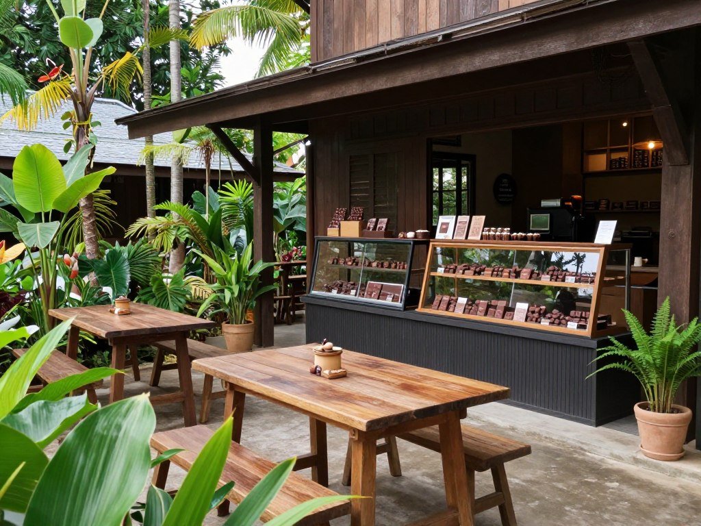 Su Cacao chocolate cafe with garden seating and artisan chocolate display in Chiang Mai Su Cacao chocolate cafe with garden seating and artisan chocolate display in Chiang Mai