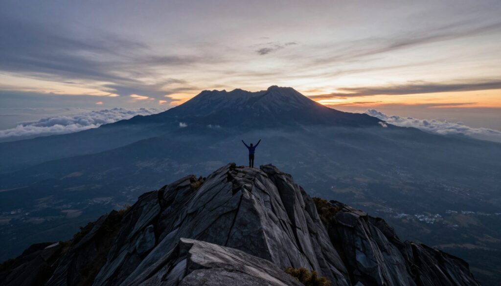 Summit view from Mount Kinabalu Low's Peak at sunrise with mountain ranges
