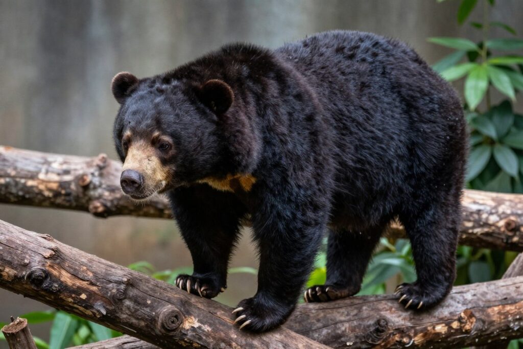 Sun bear foraging and playing in forest enclosure at conservation center