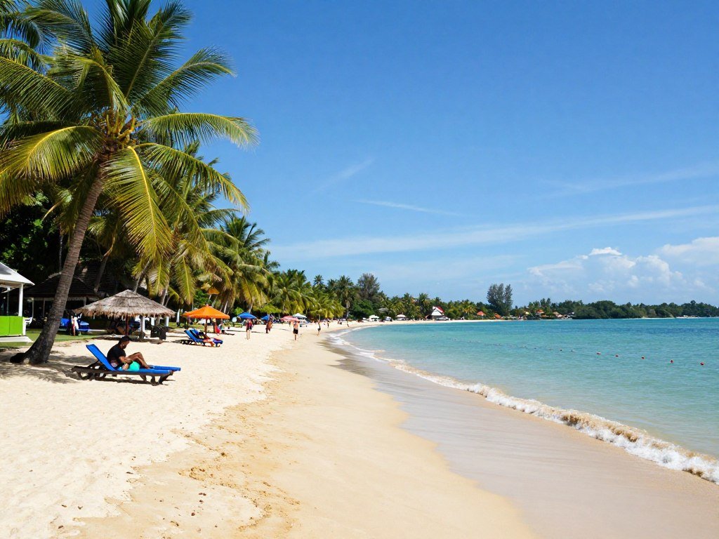 Sunny day at Batu Ferringhi beach with clear blue skies and calm waters