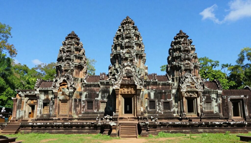 Sunny day at Cambodian temple with clear blue skies