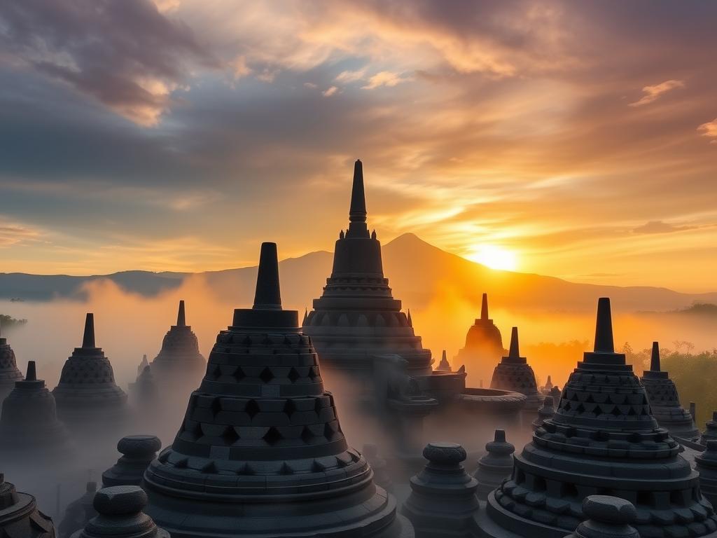 Sunrise at Borobudur Temple with misty mountains in the background - Indonesia travel guide