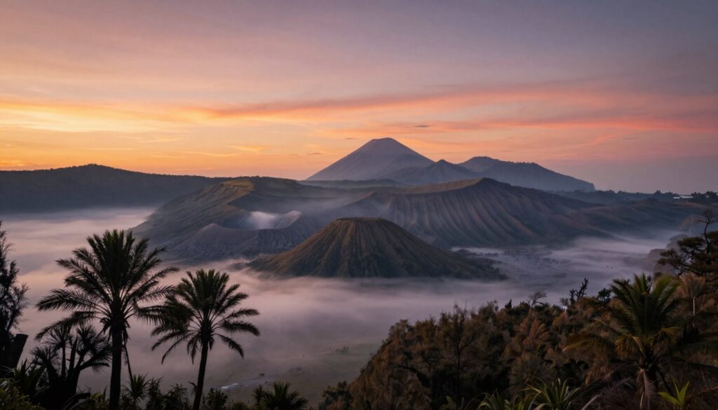 Sunrise over Bali's mountains with mist in valleys