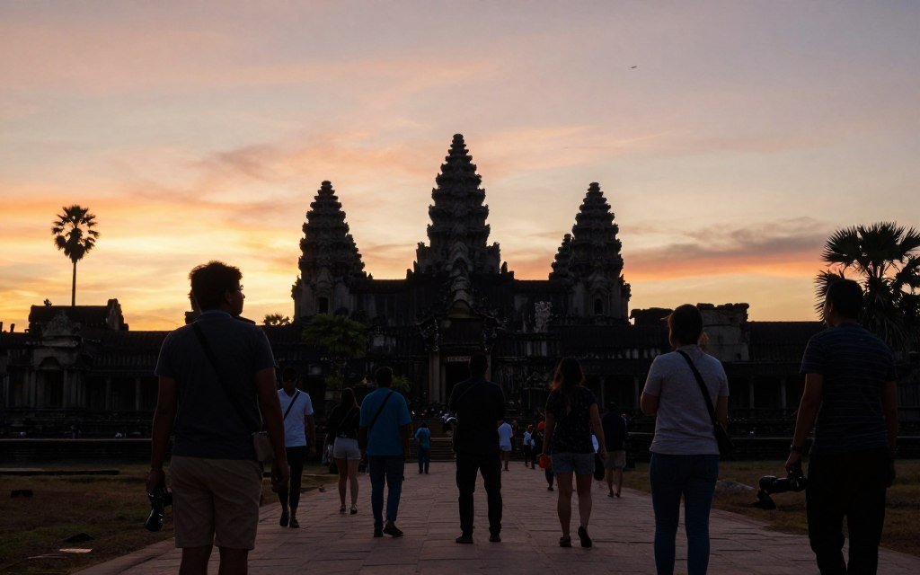 Sunrise tour group watching dawn at Angkor Wat temple Sunrise tour group watching dawn at Angkor Wat temple