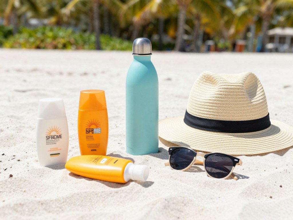 Sunscreen and beach essentials for tropical vacation